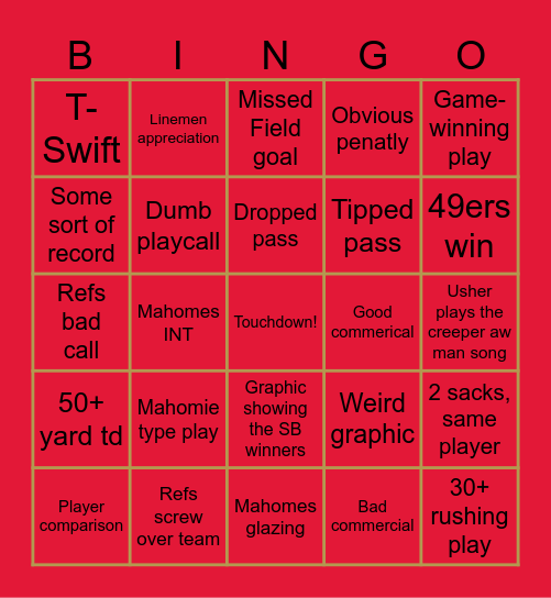 Super Bowl Bingo Card