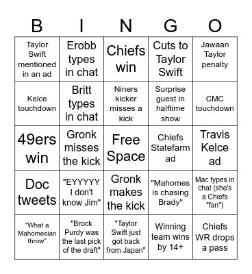 SuperBowl Bingo Card