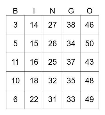 Number Bingo! Bingo Card