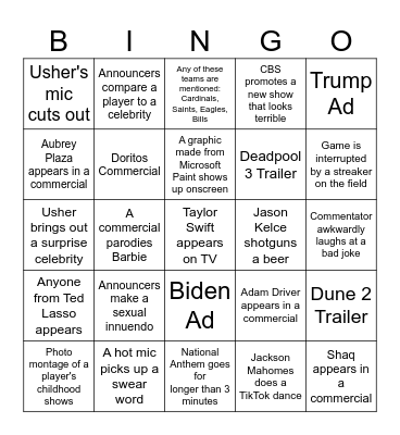 Super Bowl Non-Football Bingo Card