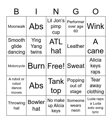 Usher half time bingo Card