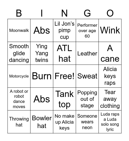 Usher half time bingo Card