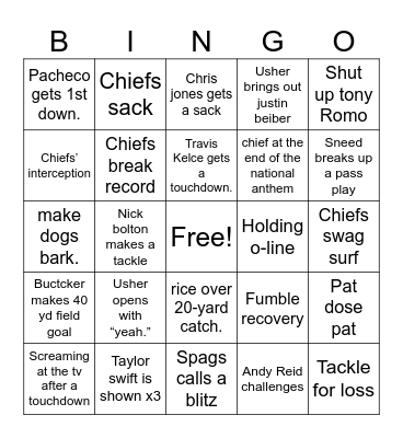 Super Bowl Bingo Card