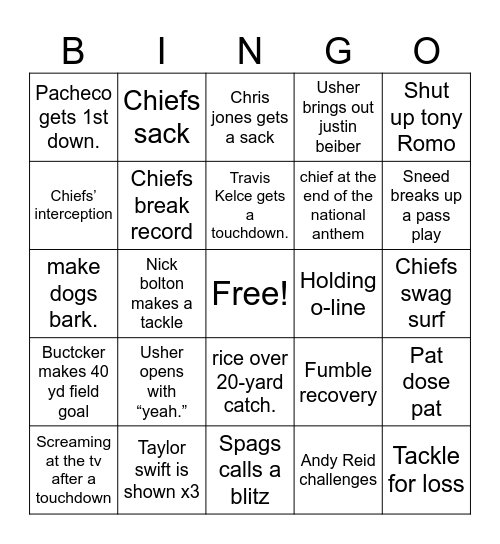 Super Bowl Bingo Card