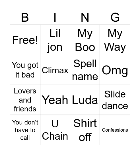 Usher Halftime Bingo Card