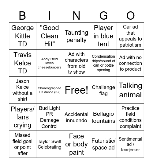 Superbowl 2024 Bingo Card