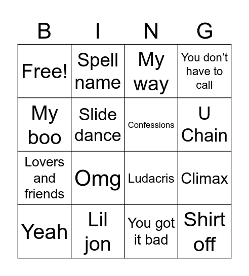 Usher Halftime Bingo Card