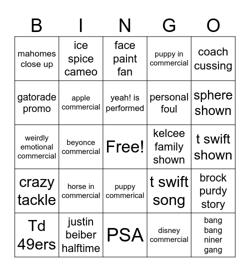 SUPERBOWLLLLL Bingo Card