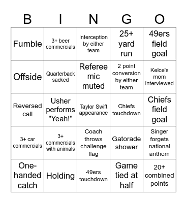 Super Bowl Bingo Card