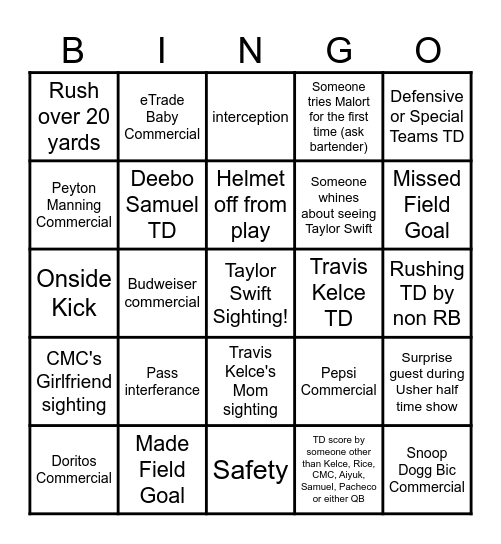 Super Bowl LVIII Bingo Card