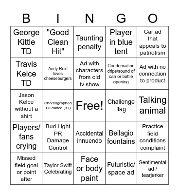 Superbowl 2024 Bingo Card