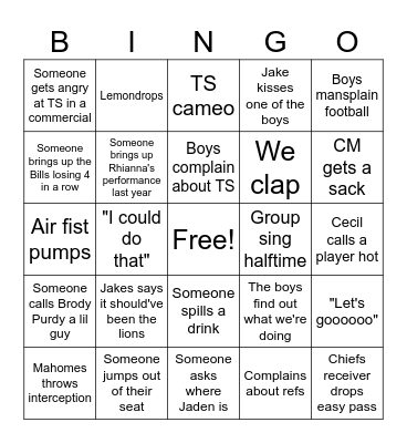 SuperBowl 2024 Bingo Card