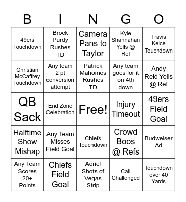 Superbowl Bingo Card