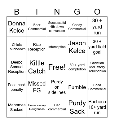 Super Bowl Bingo Card