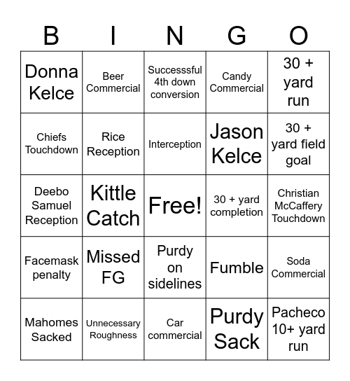 Super Bowl Bingo Card