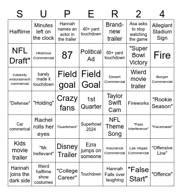 Superbowl Bingo 2024 Bingo Card