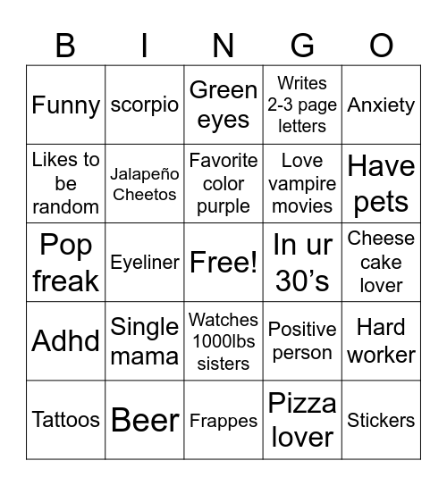 Ashley’s penpal bingo Card