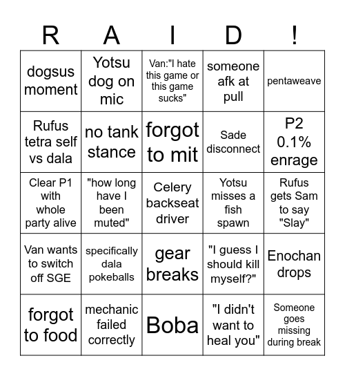 Raid Bingo Card