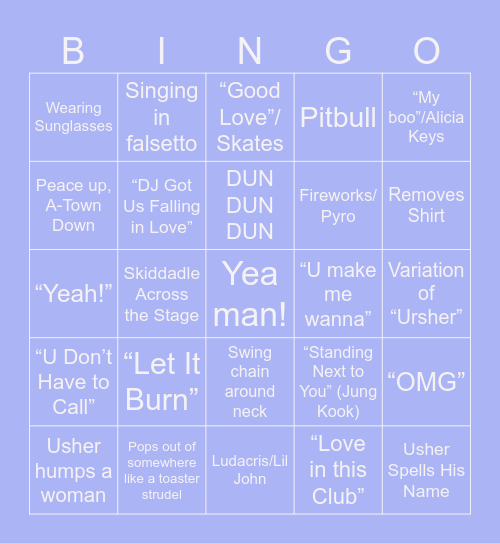Usher Super Bowl Performance Bingo Card