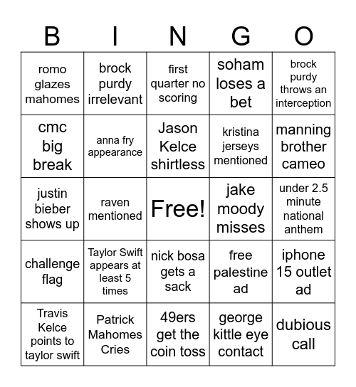 Superbowl Bingo Card