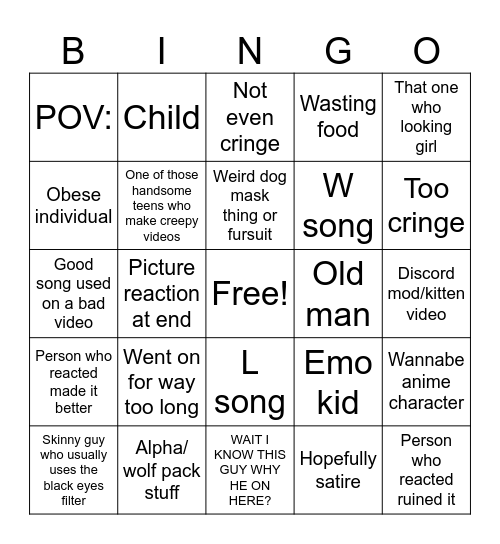 Cringe Comp Bingo Card