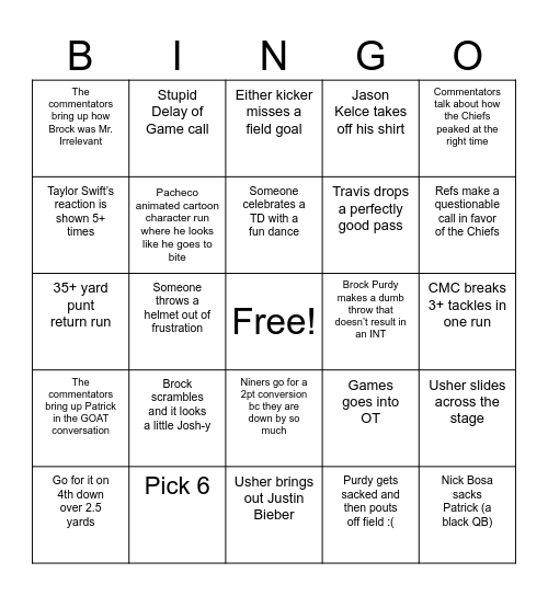 Apt 104 Super Bowl Bingooooo(Bills) Bingo Card