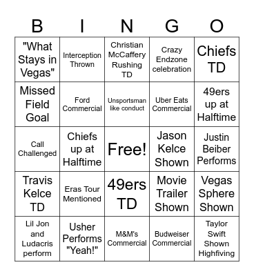 Super Bowl Bingo Card
