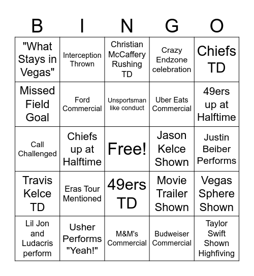 Super Bowl Bingo Card