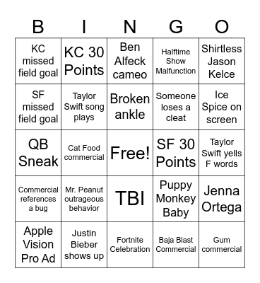 Super Bowl 2024 Bingo Card