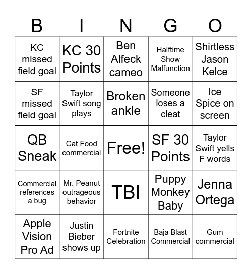 Super Bowl 2024 Bingo Card