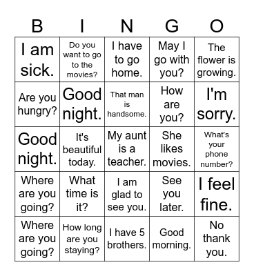 Teacher signs ASL student translate to the English sentence Bingo Card
