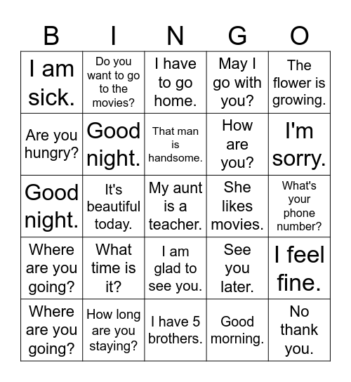 Teacher signs ASL student translate to the English sentence Bingo Card