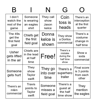 Super Bowl Bingo 2024 Bingo Card