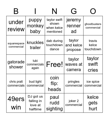 Superbowl bingo Card