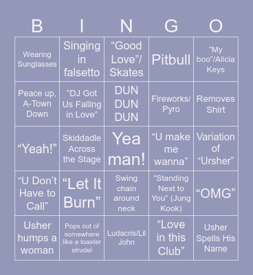 Usher Super Bowl Performance Bingo Card
