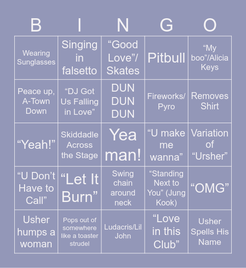 Usher Super Bowl Performance Bingo Card