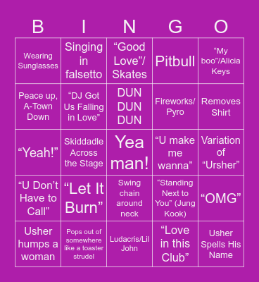 Usher Super Bowl Performance Bingo Card