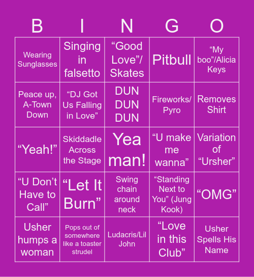 Usher Super Bowl Performance Bingo Card
