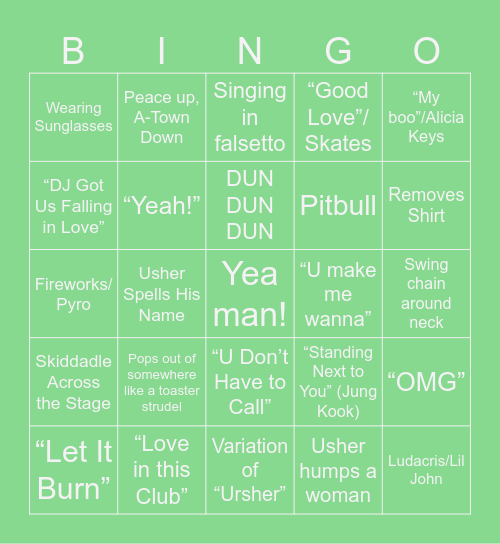 Usher Super Bowl Performance Bingo Card