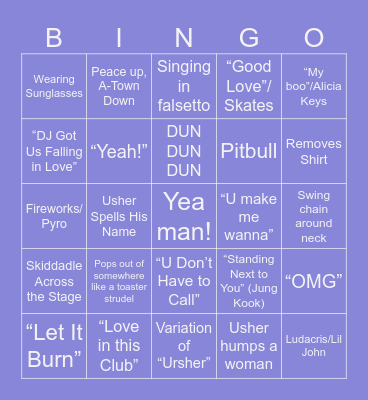Usher Super Bowl Performance Bingo Card