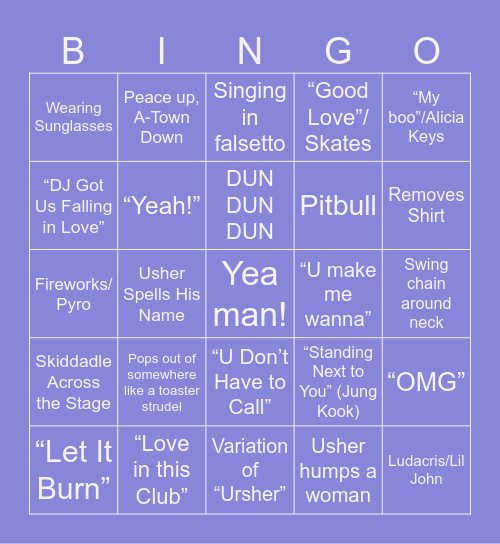 Usher Super Bowl Performance Bingo Card