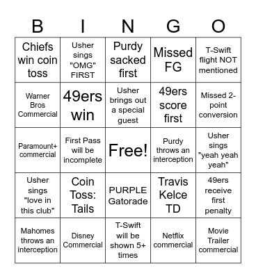 Donald Super Bowl Bingo Card
