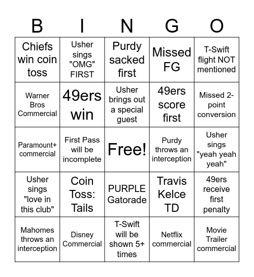 Donald Super Bowl Bingo Card