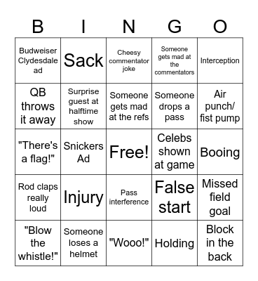 Super Bowl Bingo Card