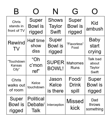 Super Bowl Bongo Bingo Card