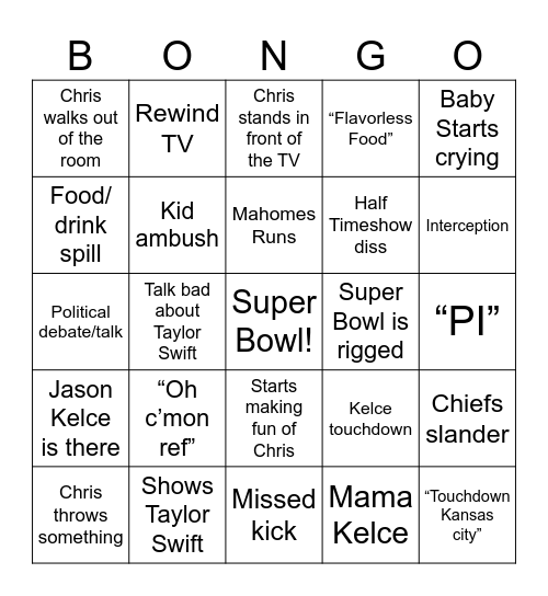 Super Bowl Bongo Bingo Card