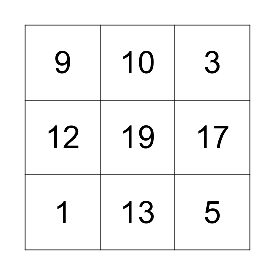 Numbers 1-20 Bingo Card