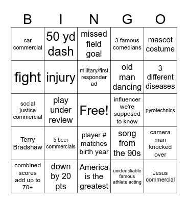 Super Bowl Bingo Card