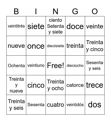 Spanish Numbers Bingo Card