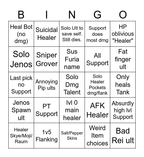 Paladins Support Bingo Card